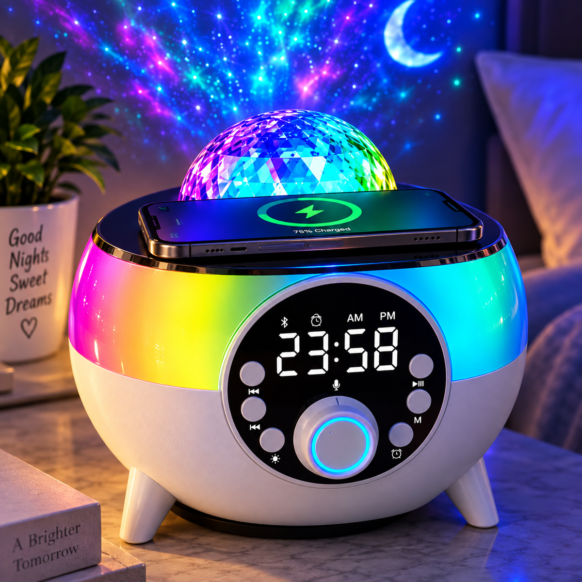 Starry Night Light Wireless Charging Speaker – Alarm Clock & Sound Machine