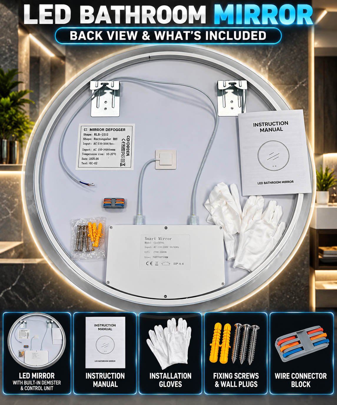 70cm LED Round Smart Bathroom Mirror – Two Styles Available