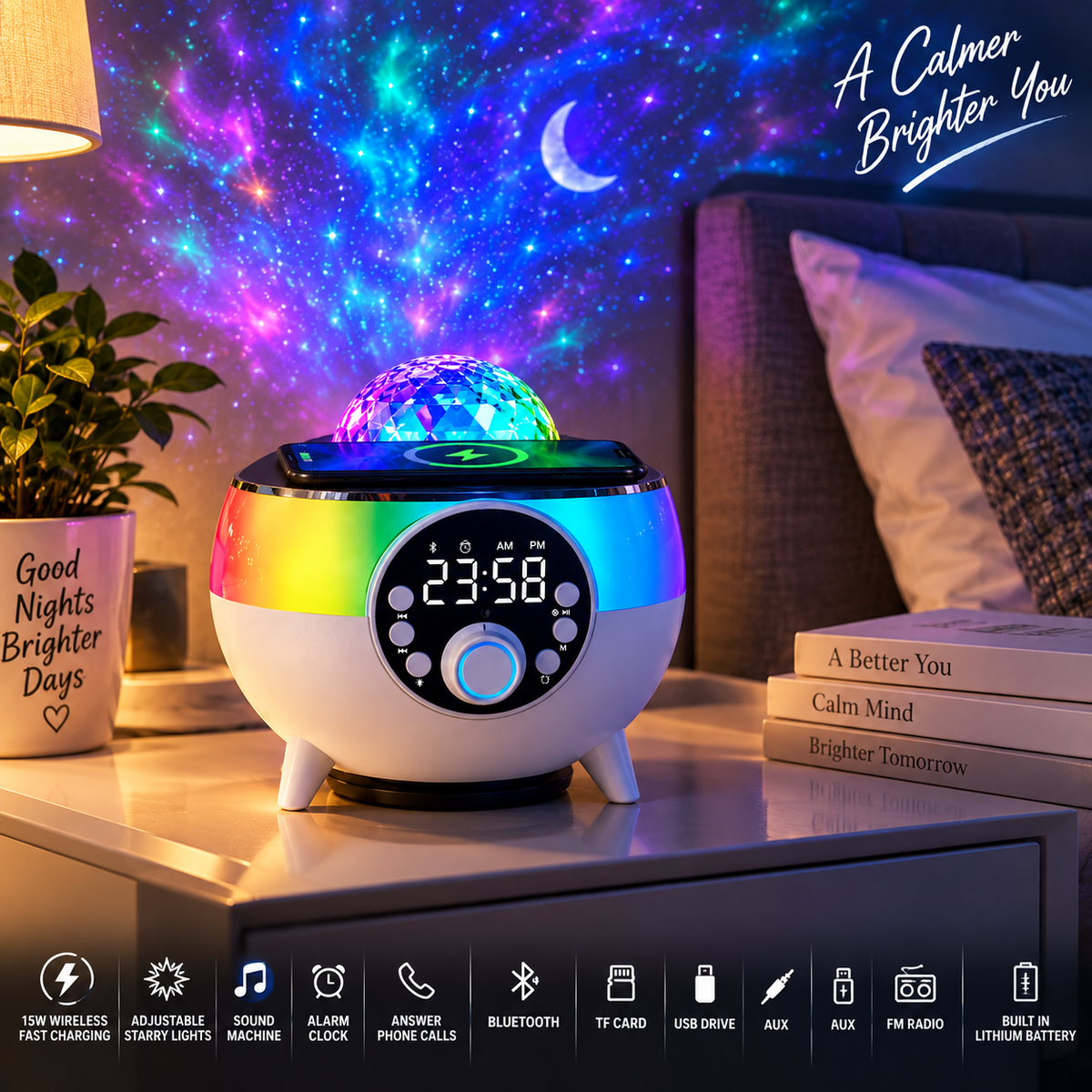 Starry Night Light Wireless Charging Speaker – Alarm Clock & Sound Machine