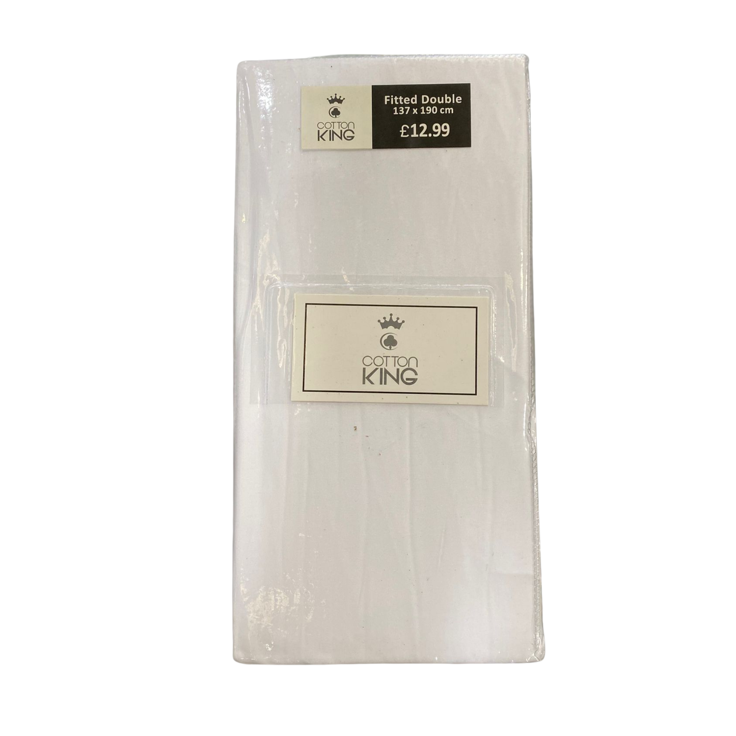 Packaged fitted sheet with Cotton King branding on a white background