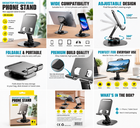 Adjustable Folding Phone & Tablet Stand – 360° Rotating Desktop Holder – ZM-0114H