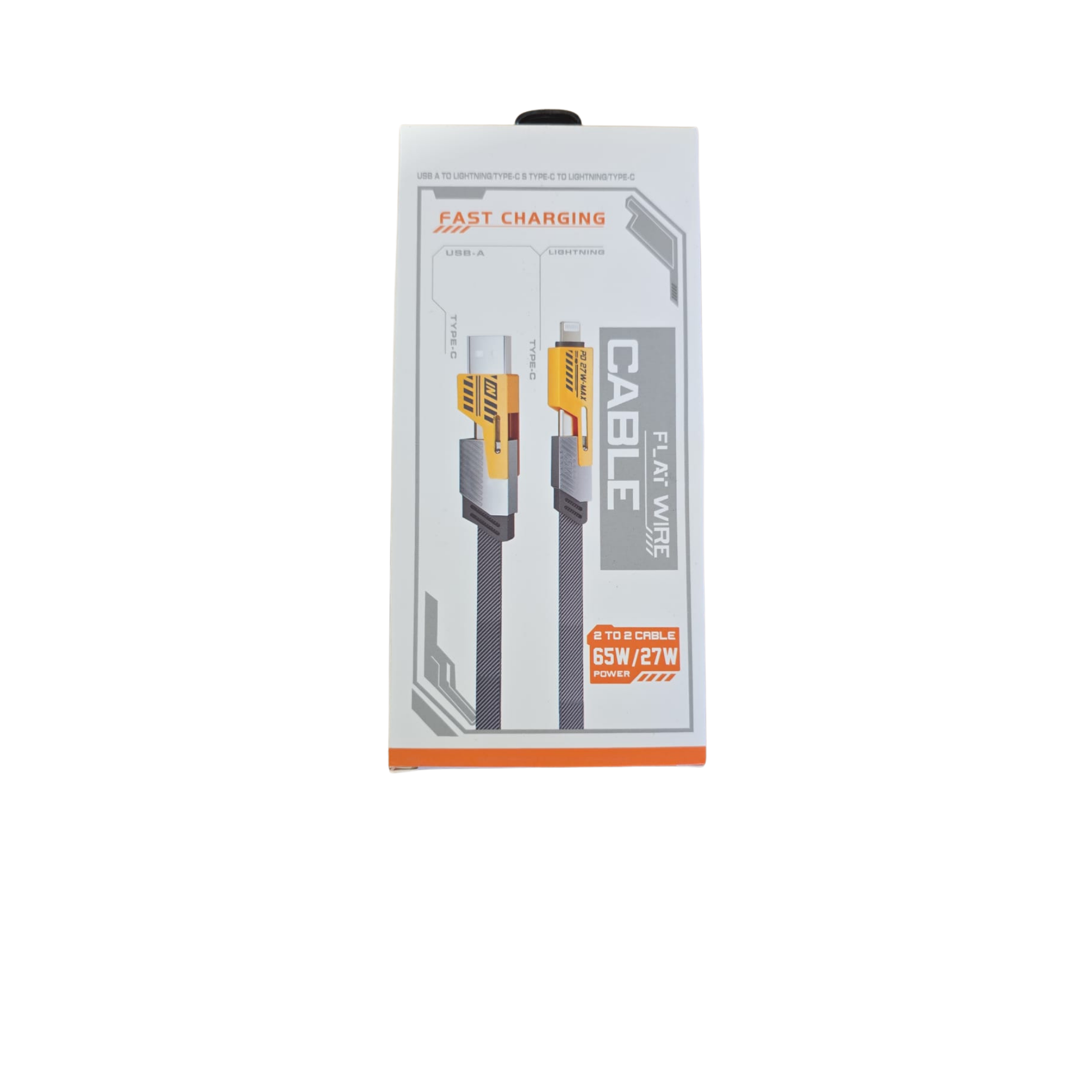 Packaged cable with charging specifications on a white background