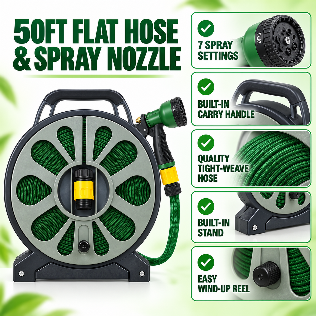 Marksman 50ft Flat Garden Hose Reel with 7-Setting Spray Gun