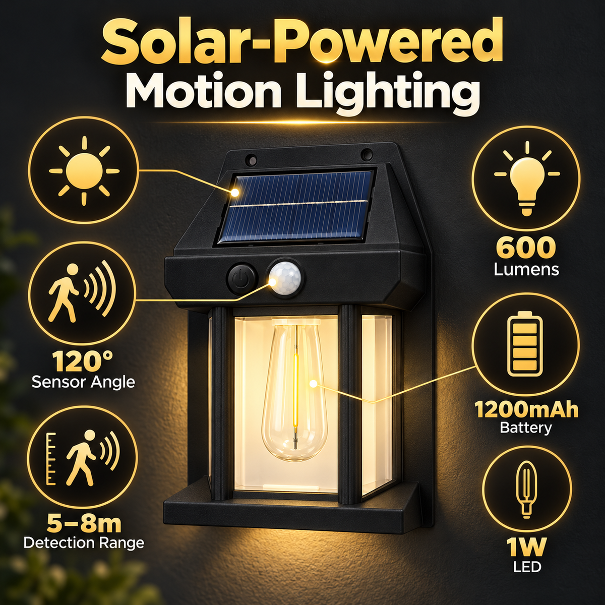 Solar Wall-Mounted Lantern with Motion Sensor (Model 8890)