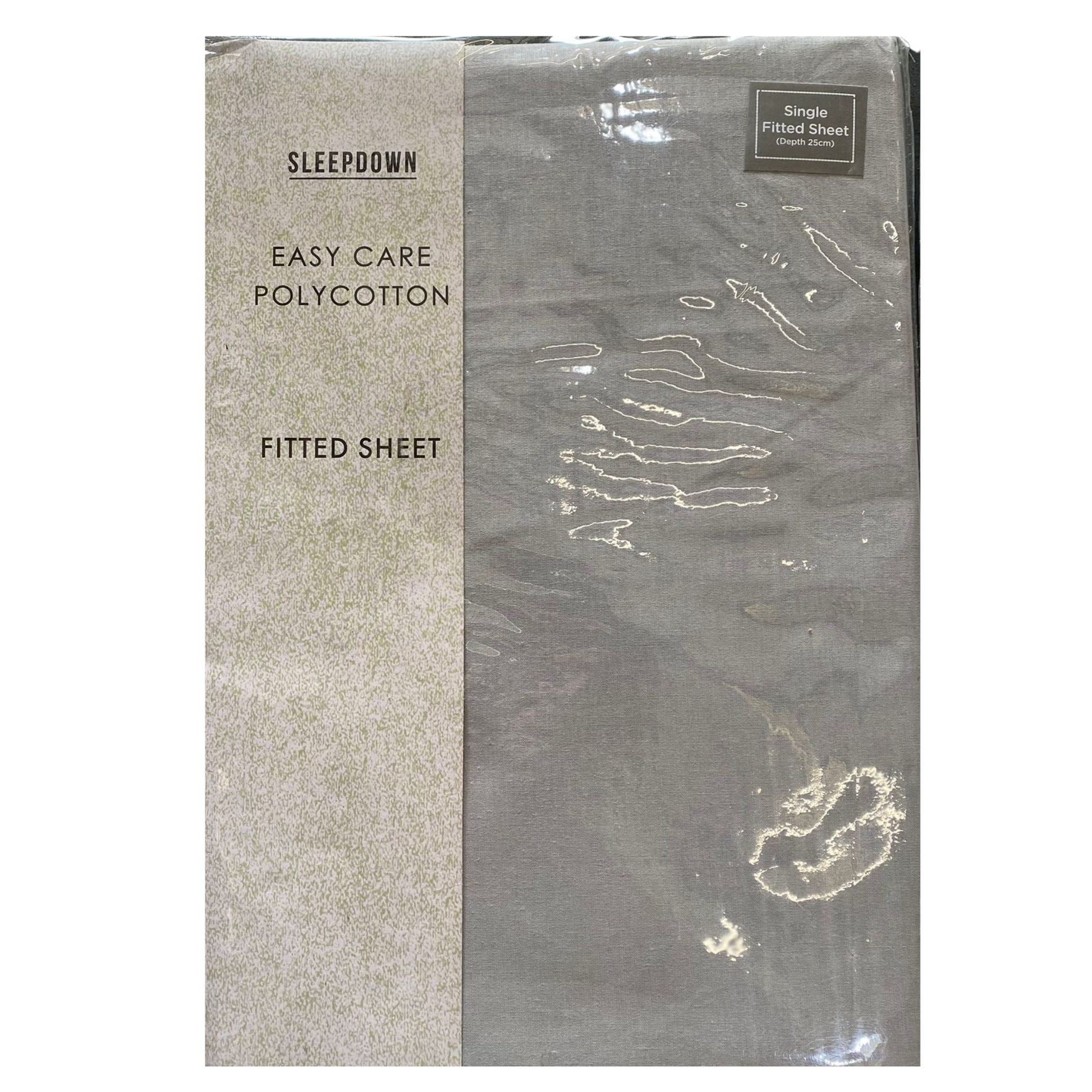 Sleepdown fitted sheet packaging with text on a white background
