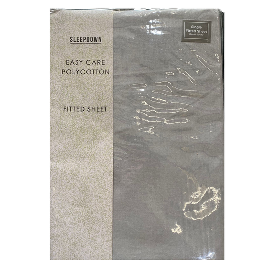 Sleepdown fitted sheet packaging with text on a white background