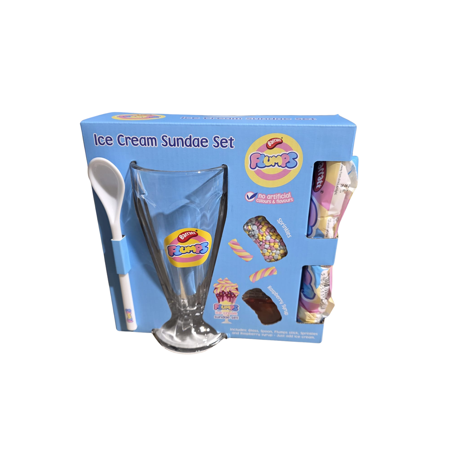 Ice cream sundae set packaging with a glass, spoon, and toy on a white background
