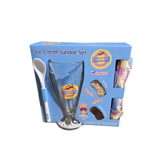 Ice cream sundae set packaging with a glass, spoon, and toy on a white background