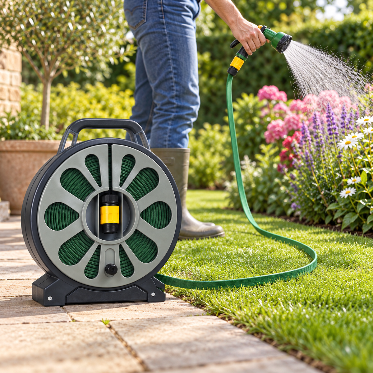 Marksman 50ft Flat Garden Hose Reel with 7-Setting Spray Gun