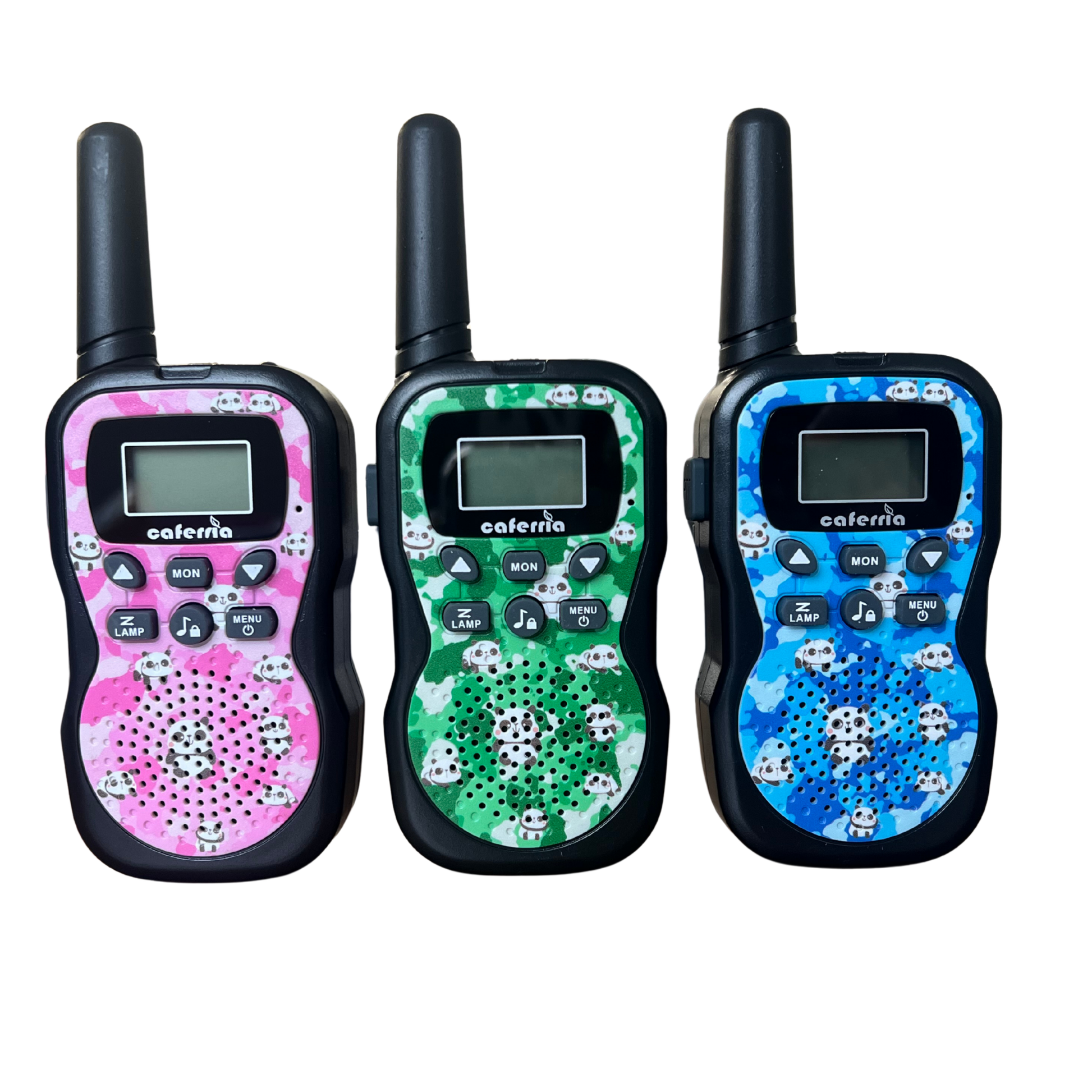Three colorful walkie-talkies with panda designs on a white background