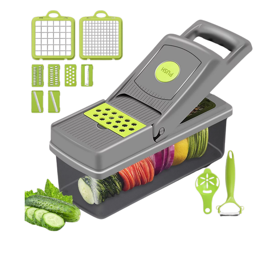 Multifunctional kitchen tool with various attachments on a white background