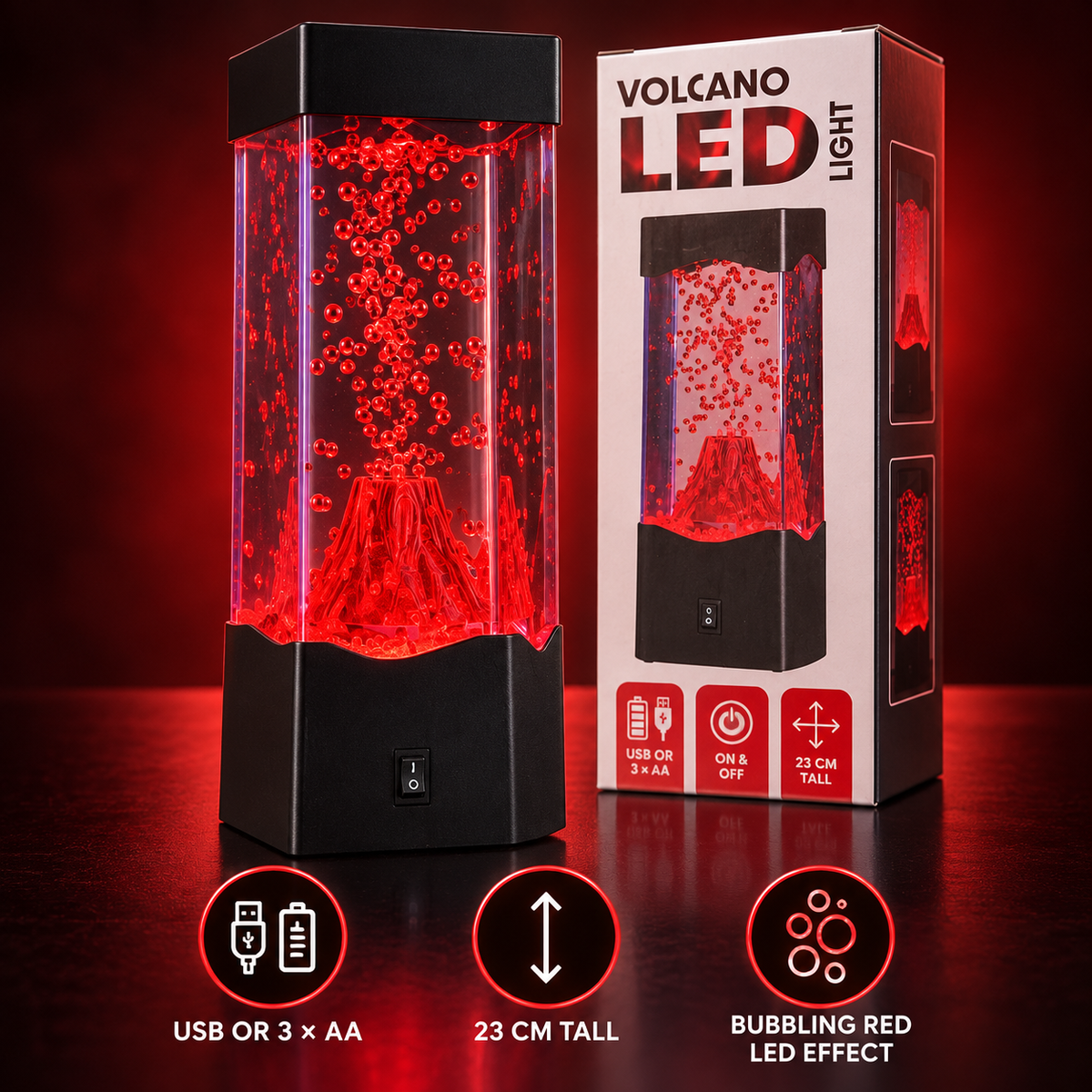 Volcano LED Bubble Light – USB or Battery-Powered Red Mood Lamp