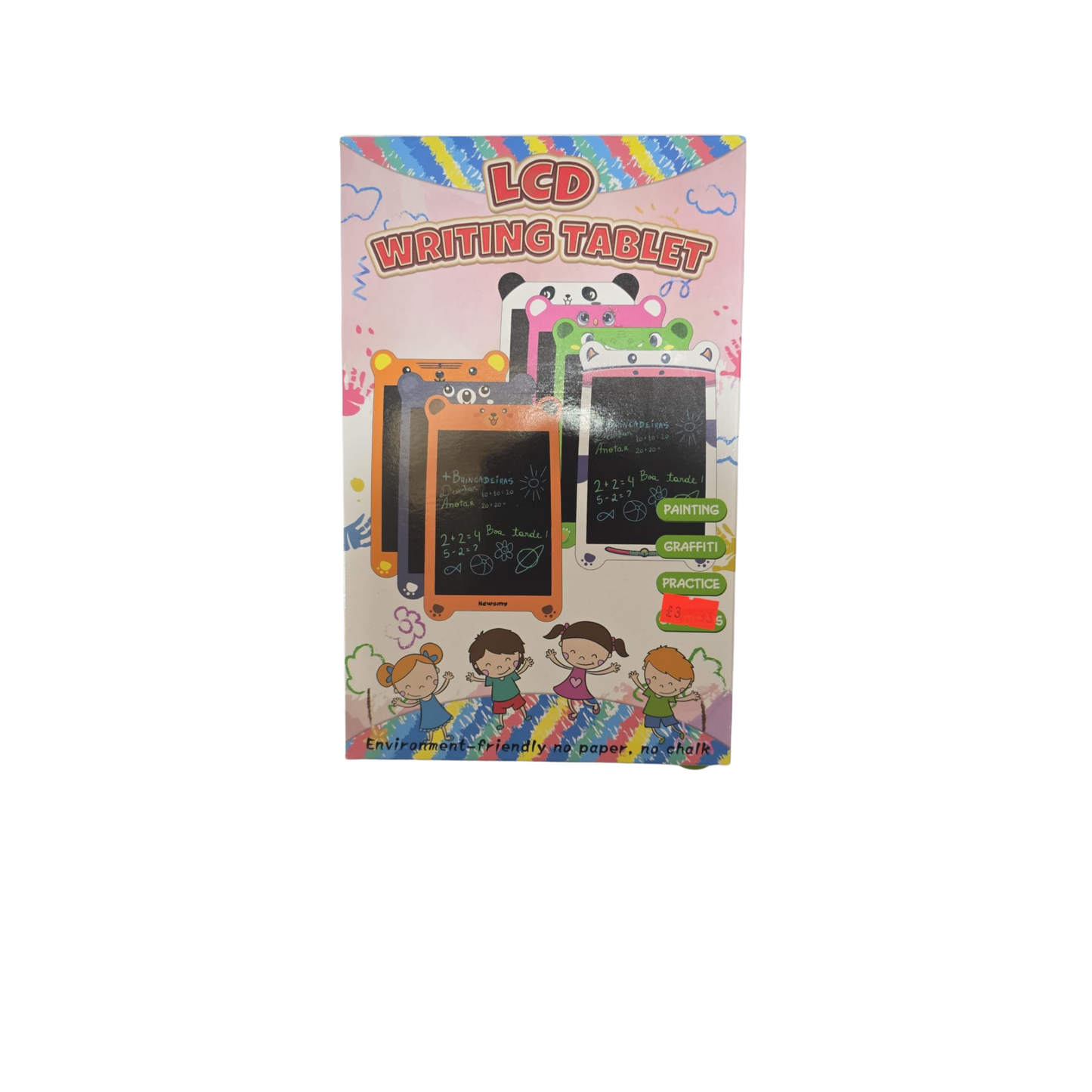 Packaging of an LCD writing tablet with cartoon characters on a white background