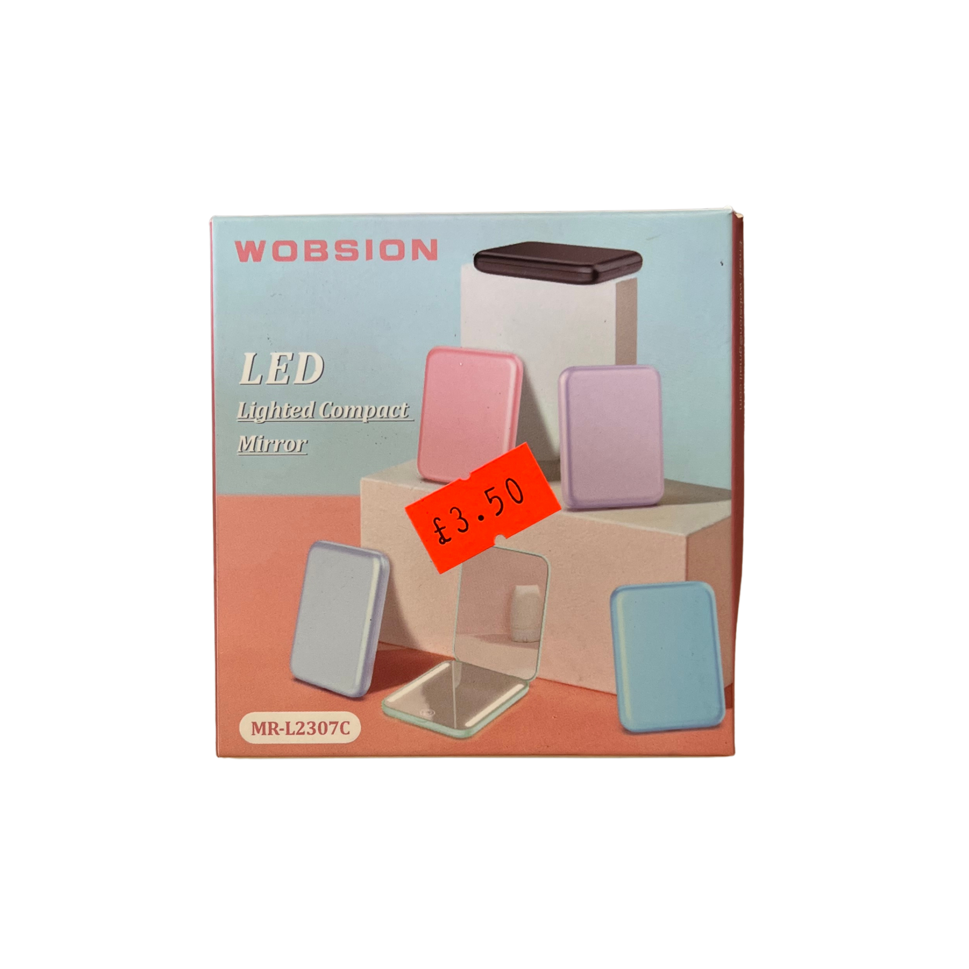 Wobson LED compact mirror packaging with pastel-colored mirrors on a white background