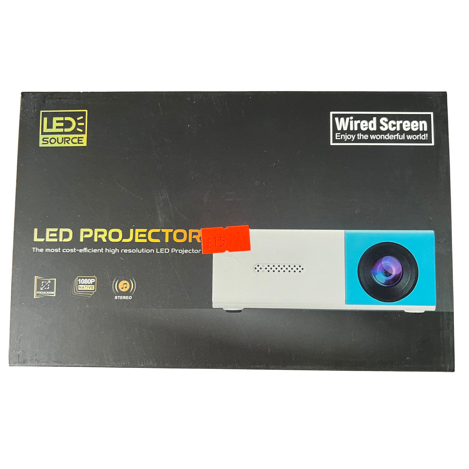 LED projector packaging with branding and product details on a black background