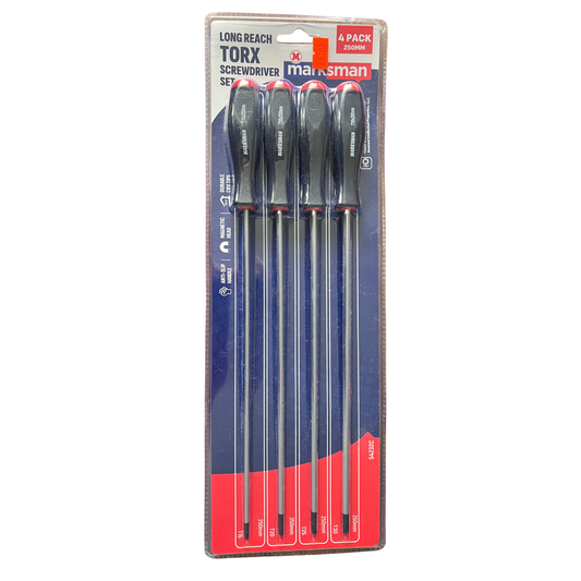 Set of long reach Torx screwdrivers in a Marksman packaging on a white background