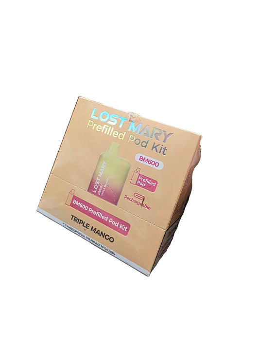 Person holding a Lost Mary prefilled pod kit box on a workbench.