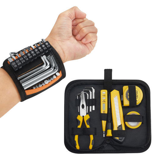 Wrist tool belt with tools and a set of tools in a case on a white background