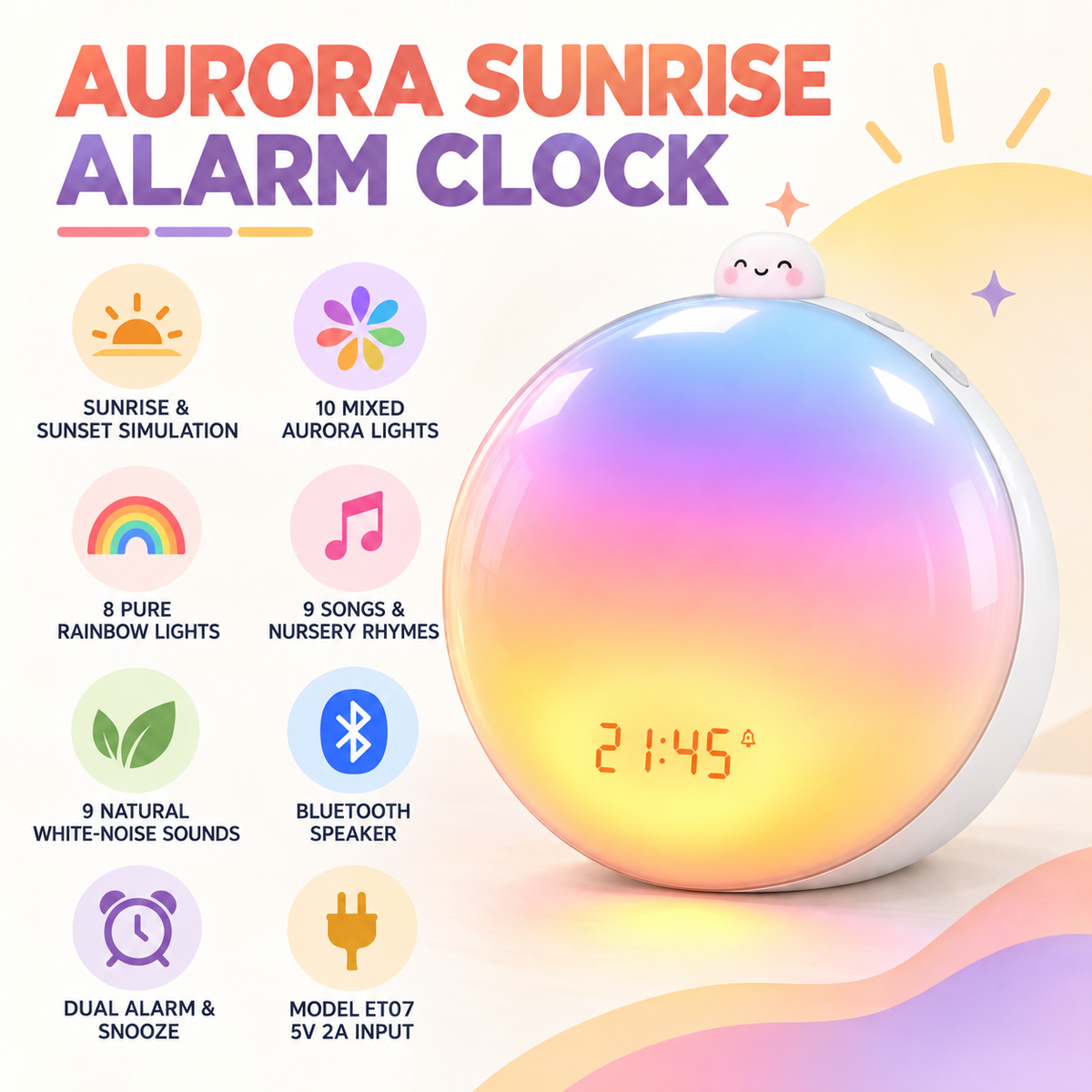 ChimiAge ET07 Aurora Sunrise Alarm Clock with Bluetooth Speaker &amp; Sleep Sounds