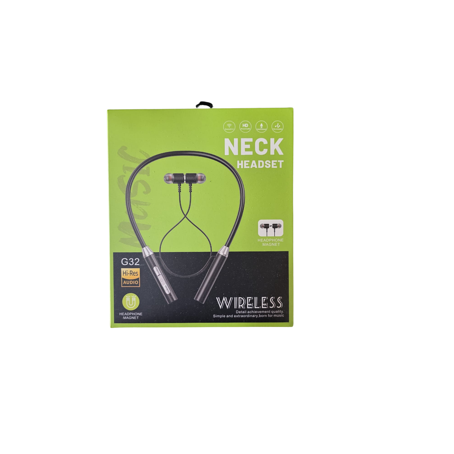 Packaging of a neck headset with green background and black headset illustration.