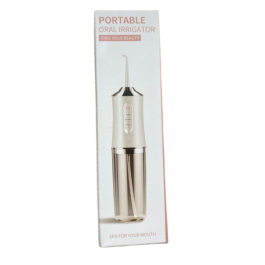 Packaging of a portable oral irrigator with text on a white background