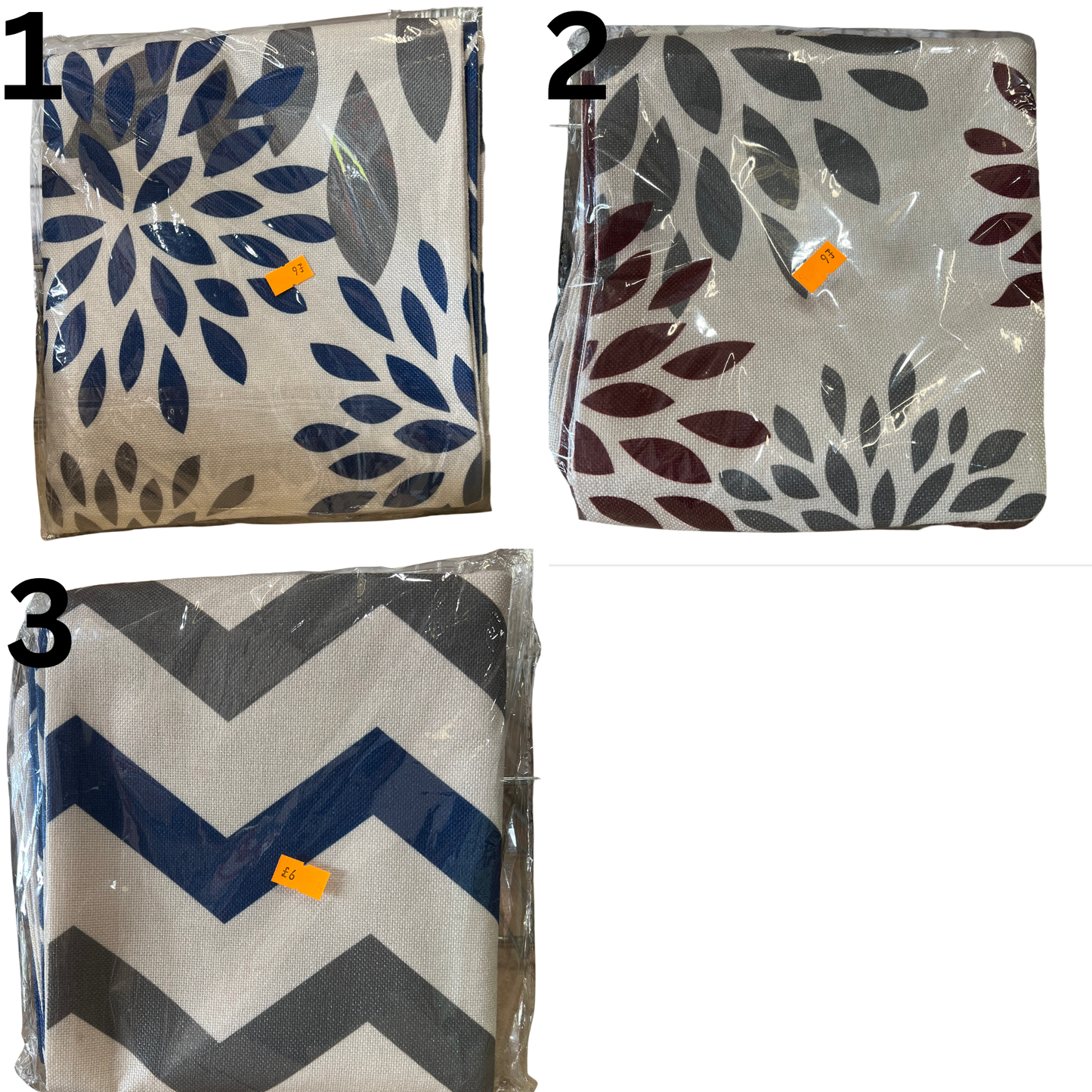 Three folded fabric swatches with different patterns in clear packaging.
