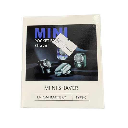 Packaging of a mini shaver with images and text on a white background