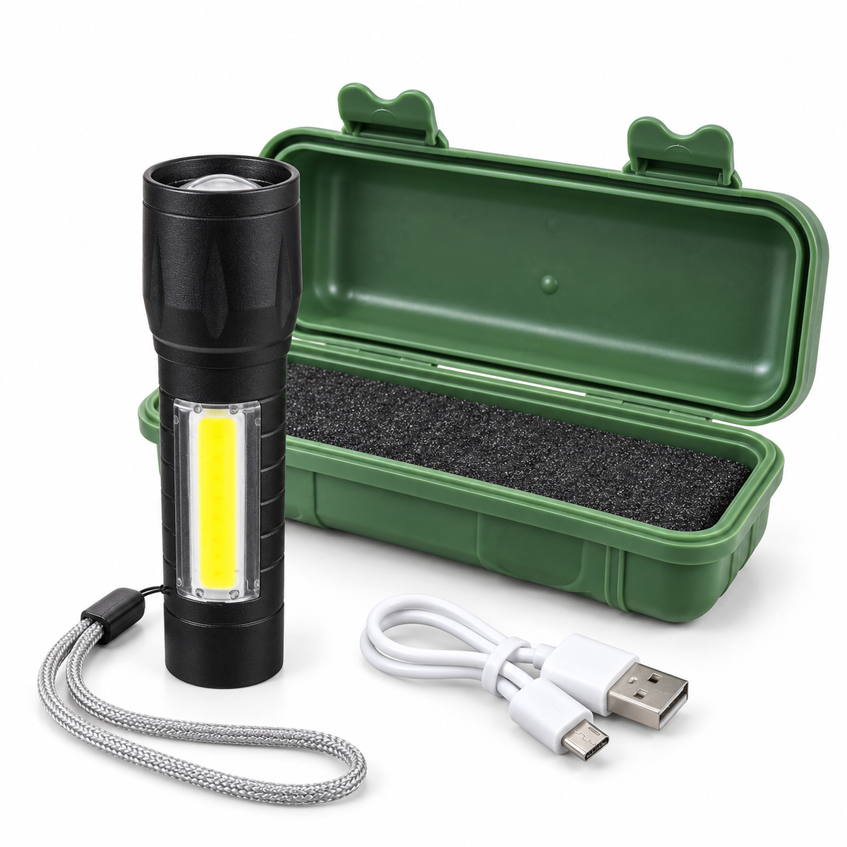 USB Rechargeable XPE & COB Dual-Light MiniTorch with Protective Case