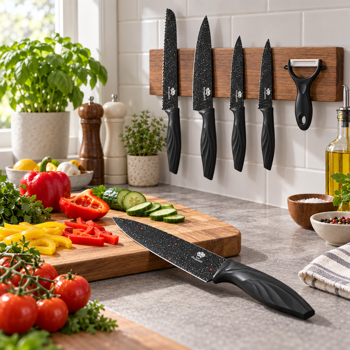 Bonappétit 6-Piece Black Non-Stick Kitchen Knife Set &amp; Peeler – 18+
