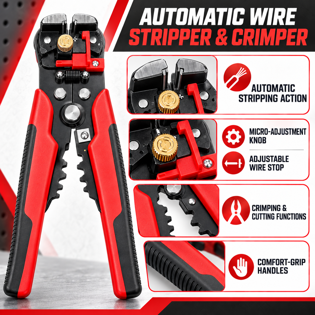 Automatic Wire Stripper, Cutter & Crimper – 10–24 AWG