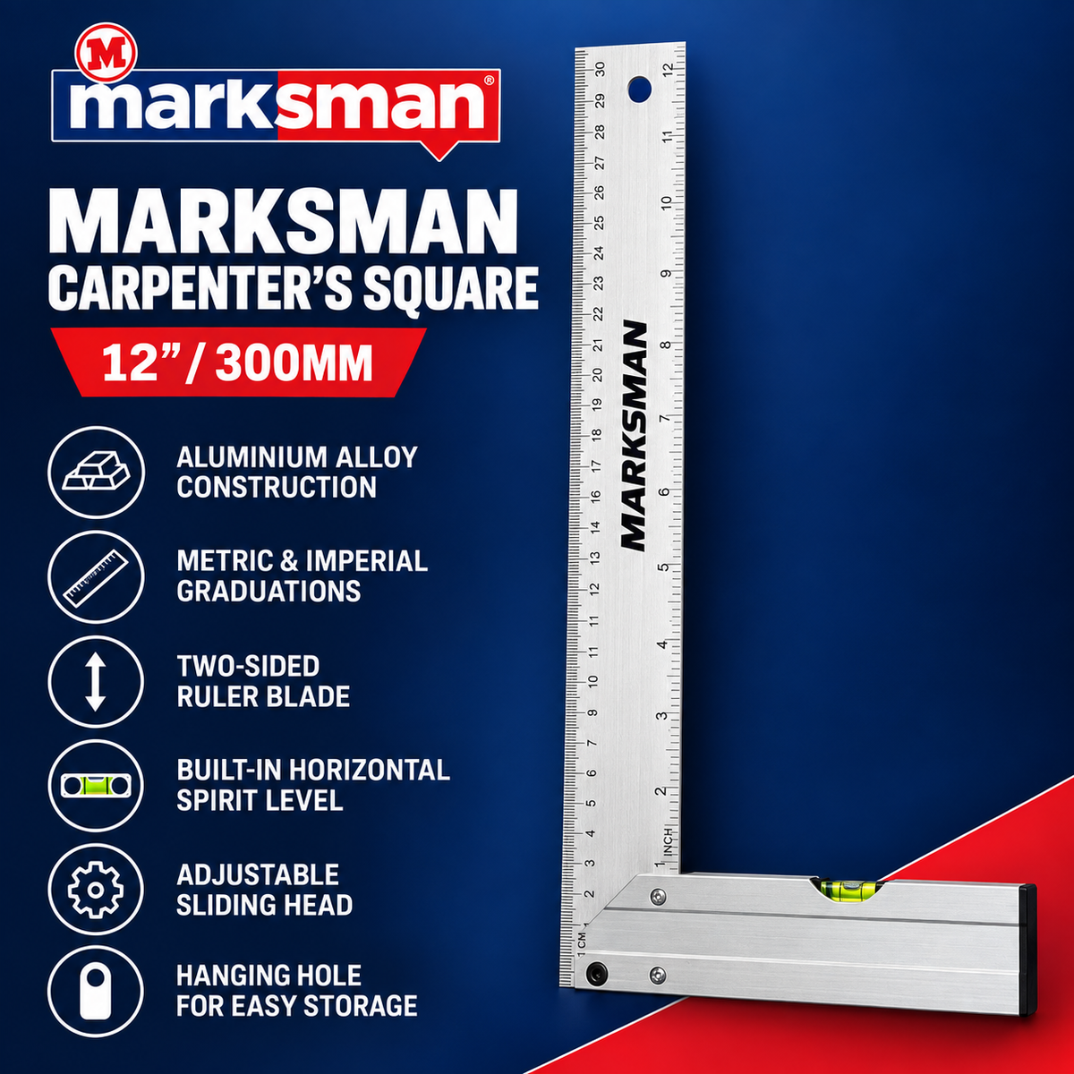 Marksman 12-Inch/300mm Aluminium Carpenter’s Combination Square with Spirit Level