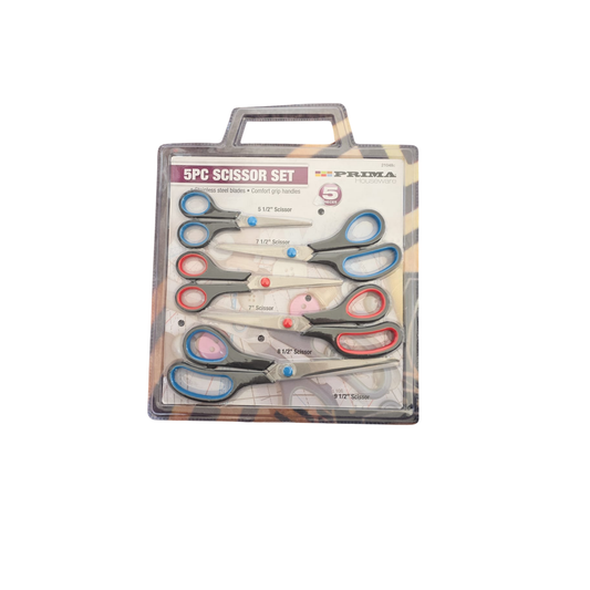 Packaged 5-piece scissor set with 'Prima' branding on a white background
