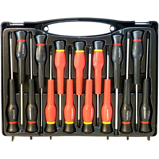 Set of screwdrivers in a black case with red and yellow accents