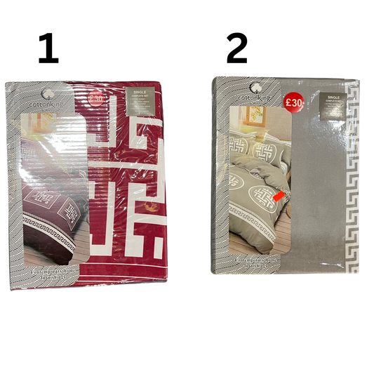 Two packages of bedding sets with visible branding and pricing on a white background.