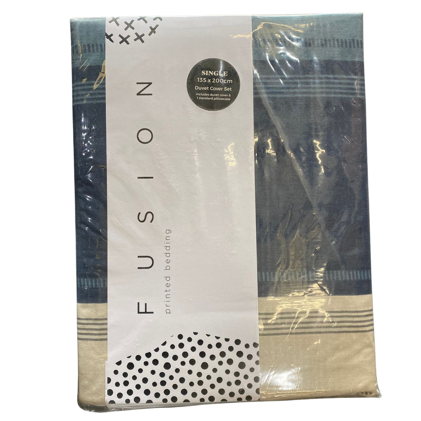 Packaged bedding set with 'Fusion' branding on a white background