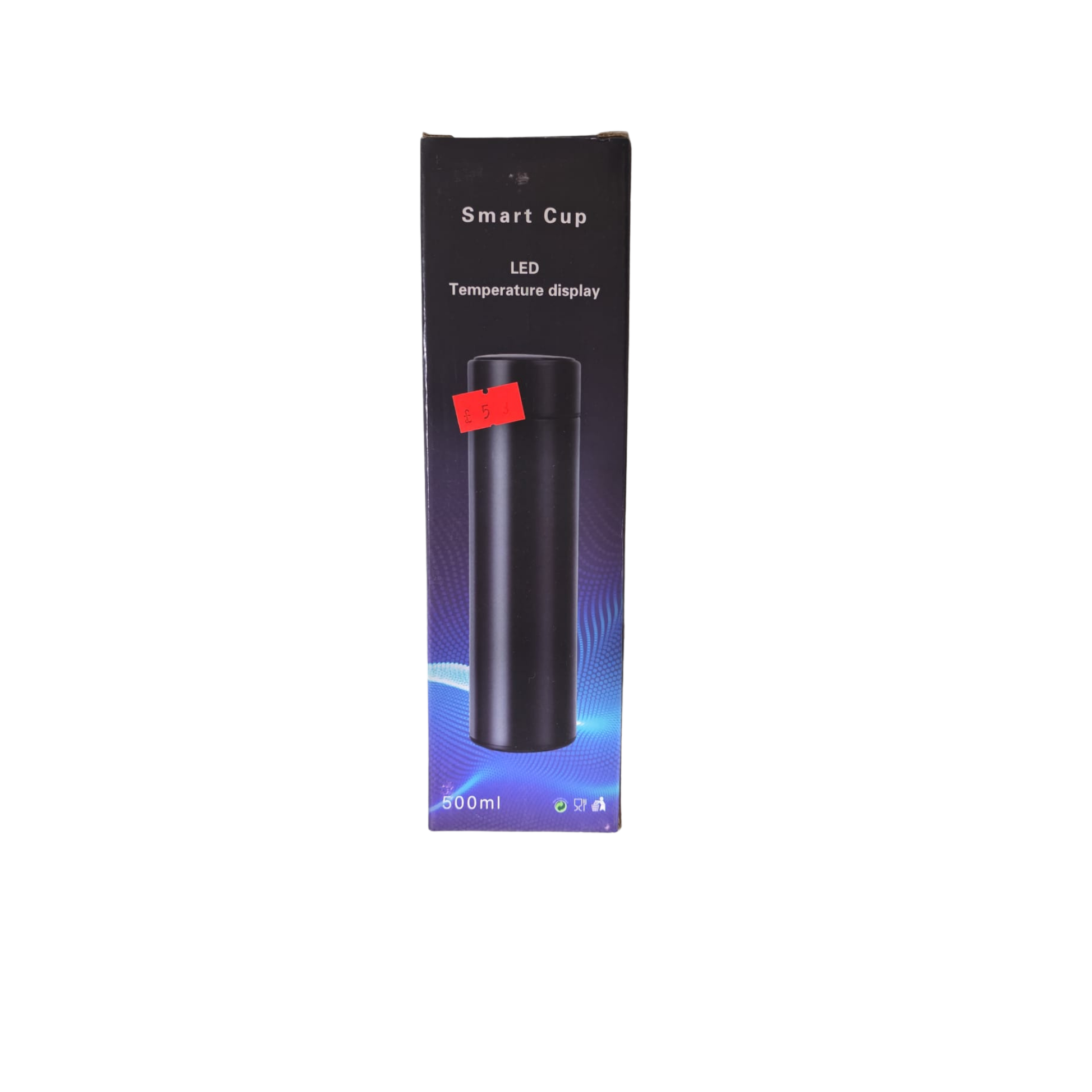 Smart cup packaging with LED temperature display on a white background