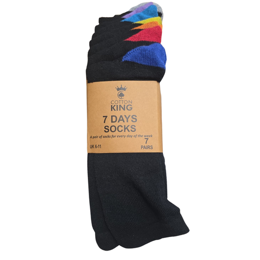 Pack of black socks with a colorful top, branded 'Cotton King', on a white background.