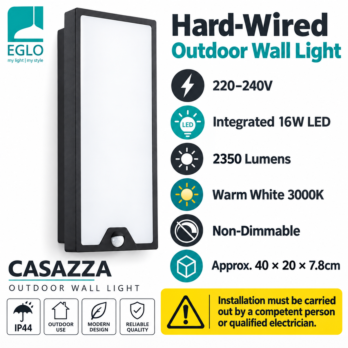 EGLO Casazza Outdoor LED Wall Light with PIR Motion Sensor – Warm White