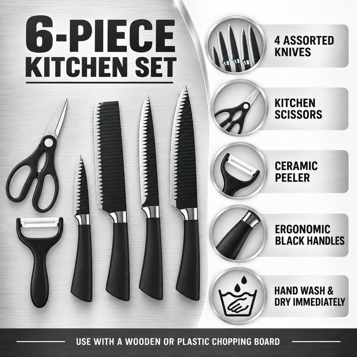 Würzburg 6-Piece Kitchen Knife, Scissors & Peeler Set – 18+