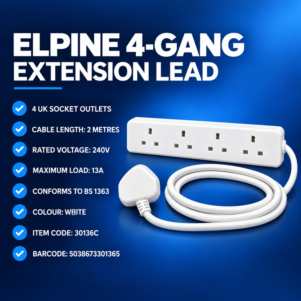 Elpine 4-Gang Extension Lead – 2 Metre Cable, 13A