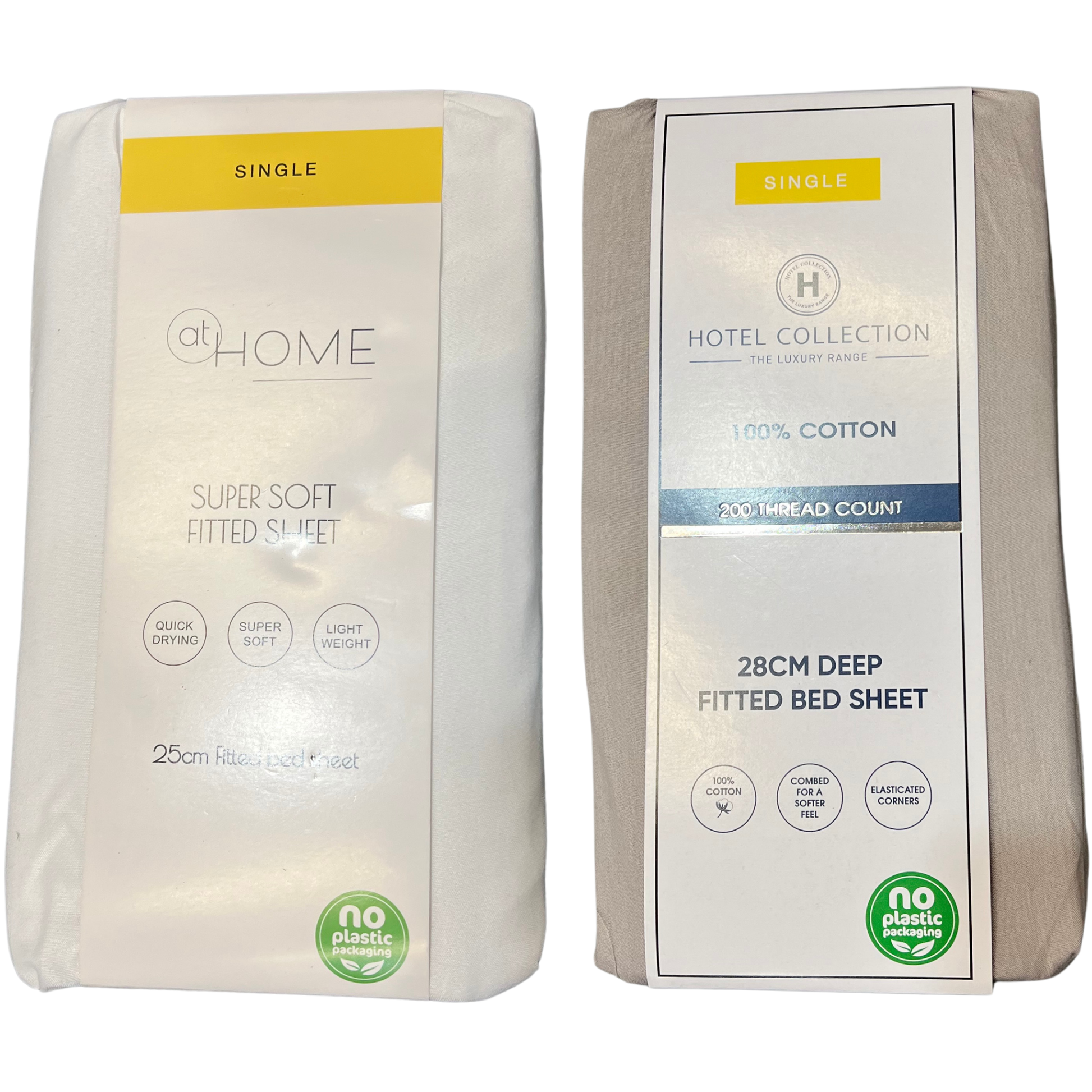 Two packages of fitted bed sheets with labels indicating brand and product details.