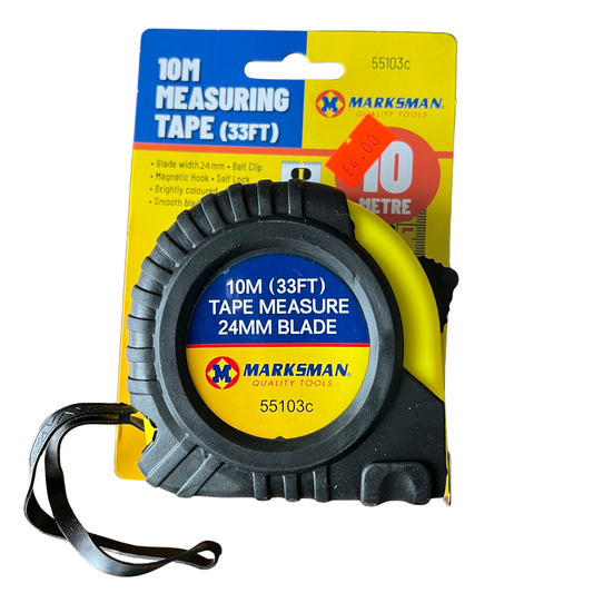 Measuring tape with packaging featuring the Marksman brand on a white background