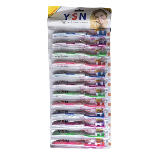 Pack of YSN toothbrushes in clear packaging on a white background
