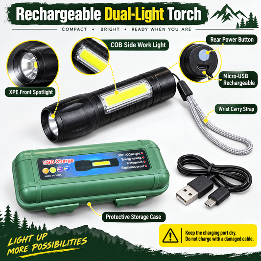USB Rechargeable XPE & COB Dual-Light MiniTorch with Protective Case
