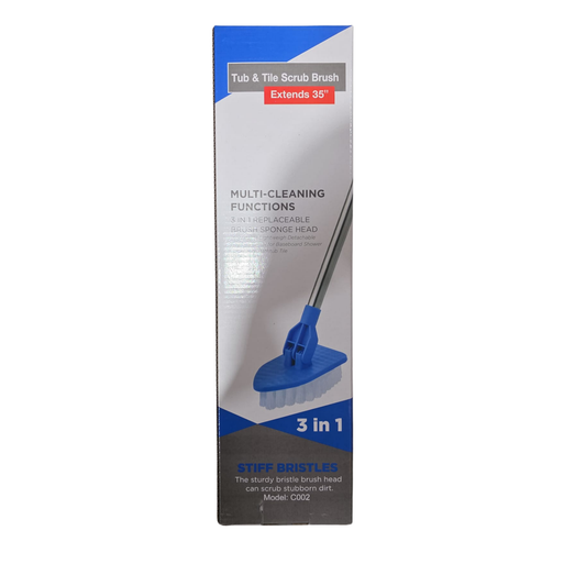 Boxed tub and tile scrub brush with blue bristles on a white background