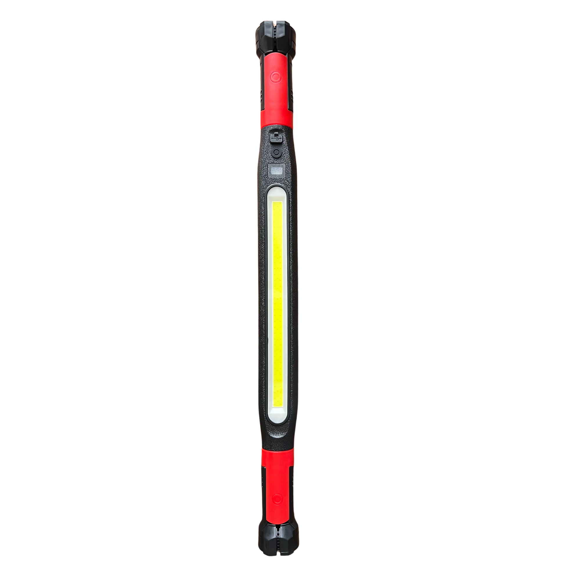 Red and black portable work light on a white background