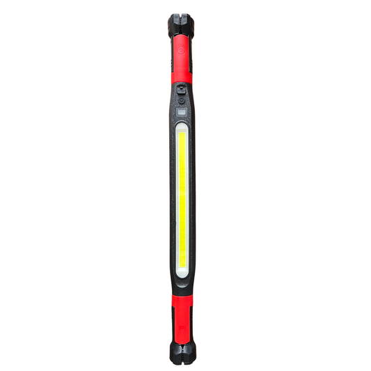 Red and black portable work light on a white background